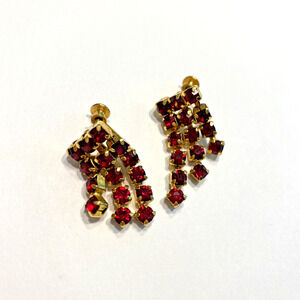 Screwback Earrings Gold & Red Rhinestone Drop Dangle Elegant Dressy Mid Century